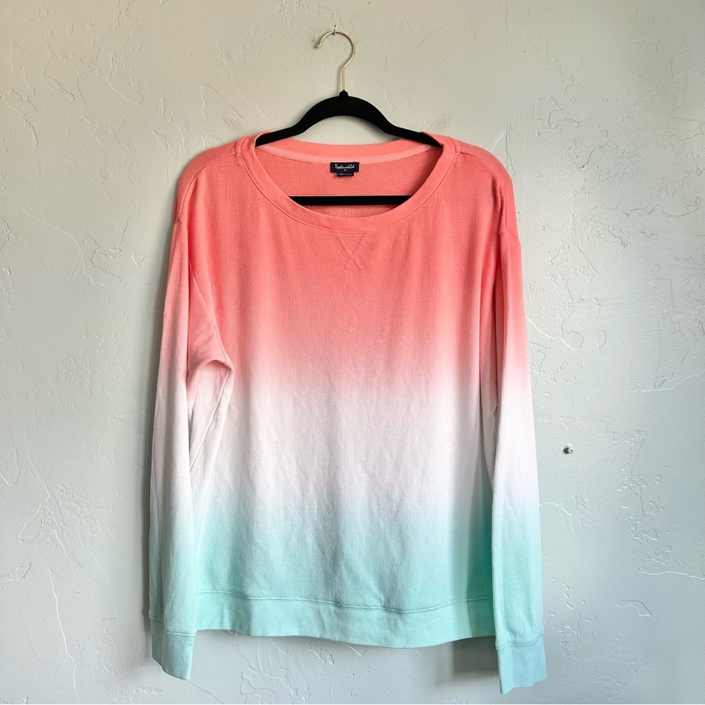 Splendid | Women’s Coral Mint Ombre Tie Due Waffle Knit Thermal Long Sleeve‎ Top